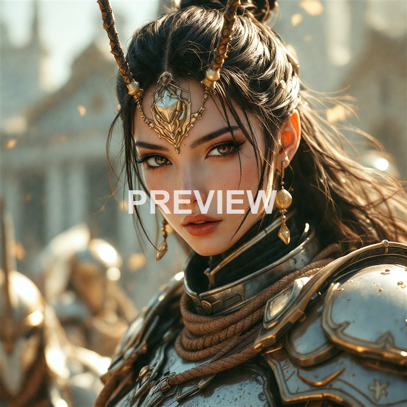 A woman dressed in elaborate fantasy armor with intricate jewelry and a headpiece, featuring intense makeup and a fierce expression, set against a background of blurred figures and a warm, glowing atmosphere.